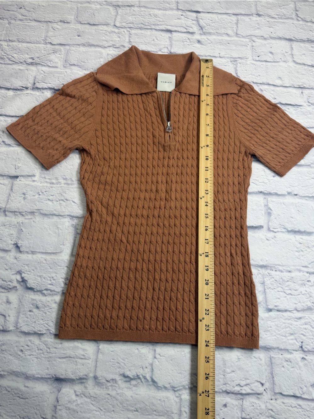 Varley Camel Color Cable-Knit Quarter Zip Short Sleeve Sweater. Size Small. - Picture 6 of 8